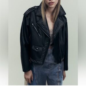 ZARA BLACK FAUX LEATHER STUDDED JACKET SZ L